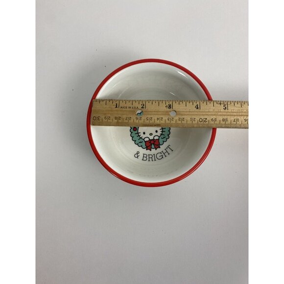 Hello Kitty  Pet Dog /Cat Food  Bowl Flat Bottom Be Merry & Bright White Red NEW - Picture 7 of 8